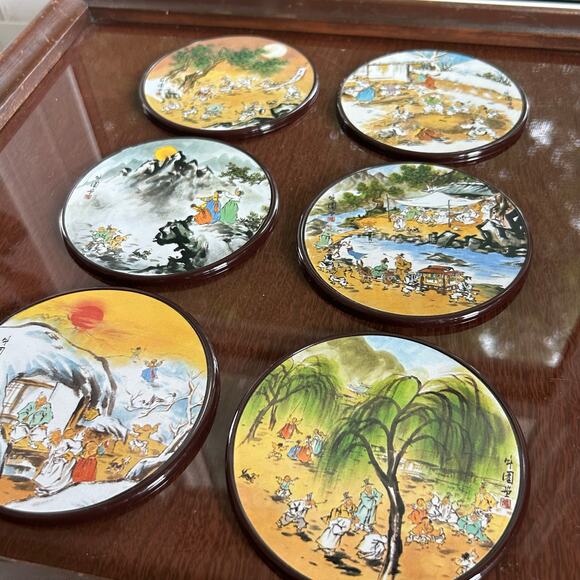 Set of 6 Vintage Korean Art Coasters – Yeon See Hee Folk Scene Series - Picture 6 of 10